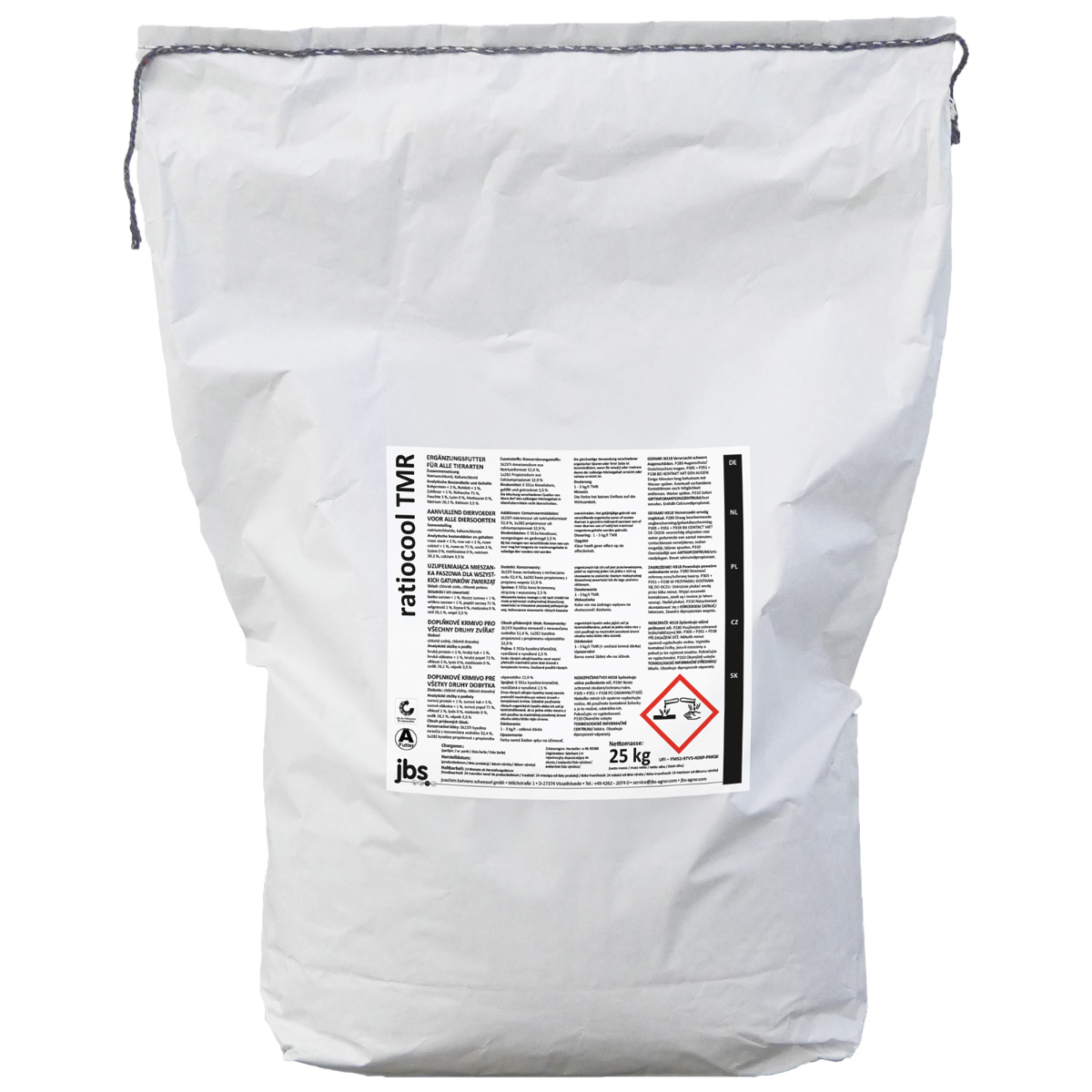 Nahaufnahme eines weißen 25 kg Sacks des Futtermittels Ratiocool TMR