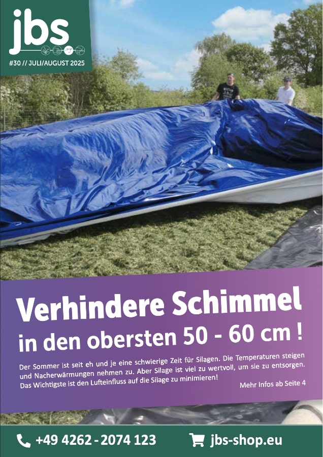 Katalog-Vorderseite mit Darstellung eines Silos, das mit einer blau-weißen Barrierefolie abgedeckt wird.