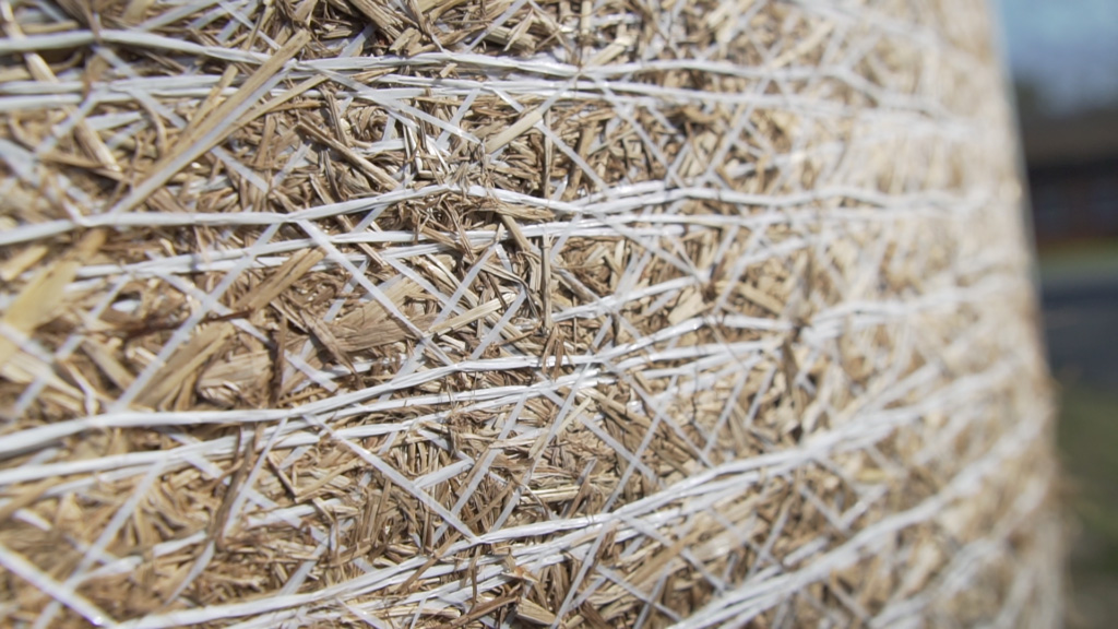 Nahaufnahme eines runden Strohballens, der vollständig in ein weißes Rundballennetz eingewickelt ist