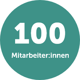 Grafik oder Button mit der Aufschrift ‚Karriere – 100 Mitarbeiter‘, symbolisch für Personal- oder Karriereseite
